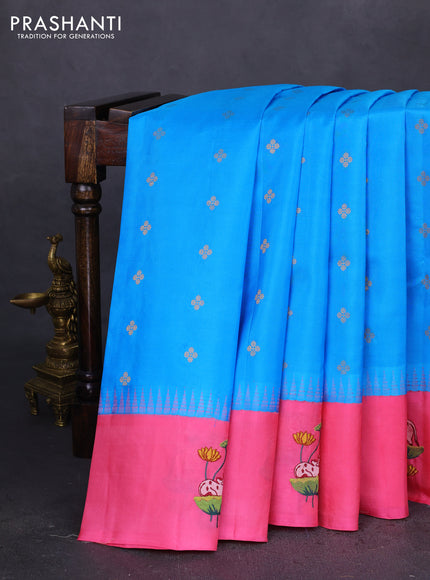 Pure gadwal silk saree cs blue and pink with zari woven buttas and pichwai embroided butta border
