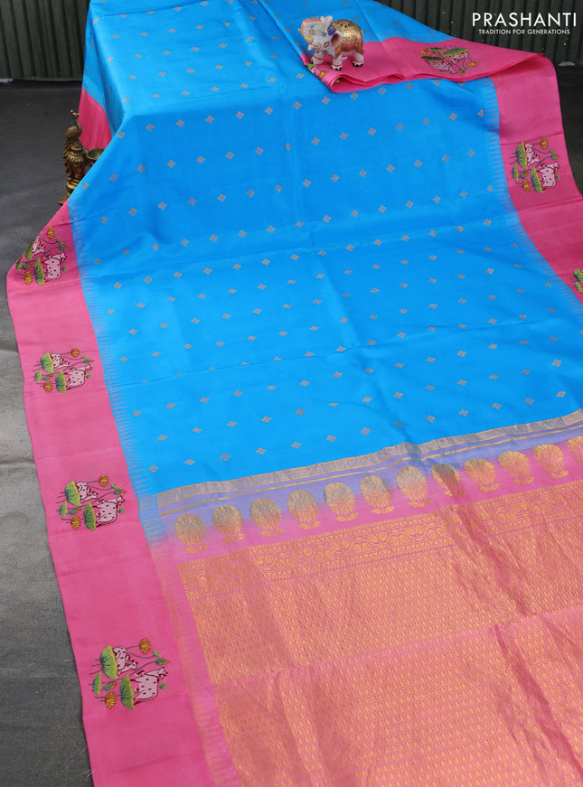 Pure gadwal silk saree cs blue and pink with zari woven buttas and pichwai embroided butta border