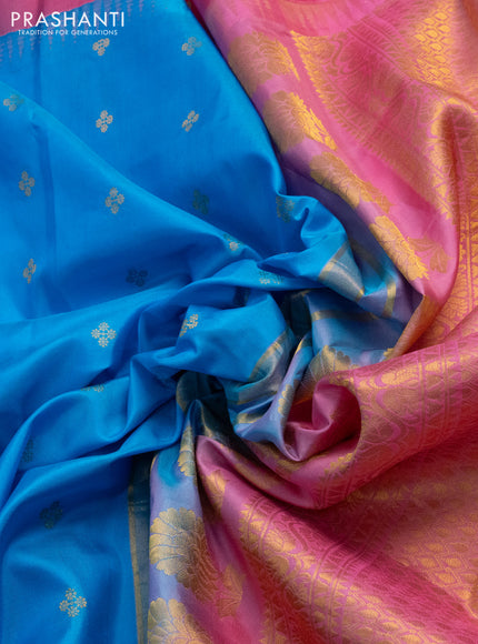 Pure gadwal silk saree cs blue and pink with zari woven buttas and pichwai embroided butta border