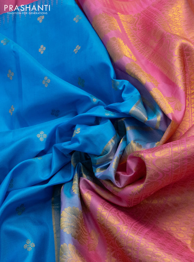 Pure gadwal silk saree cs blue and pink with zari woven buttas and pichwai embroided butta border