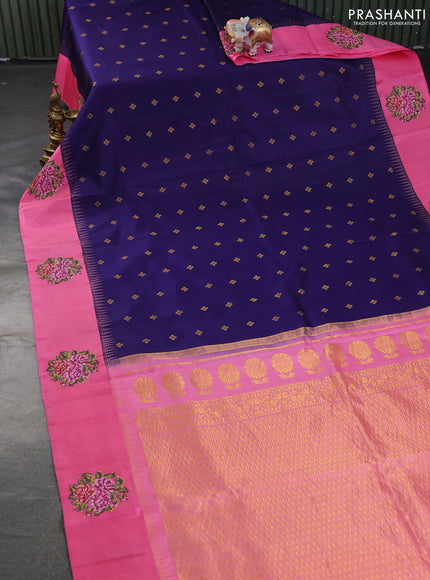 Pure gadwal silk saree blue and pink with zari woven buttas and embroided butta border