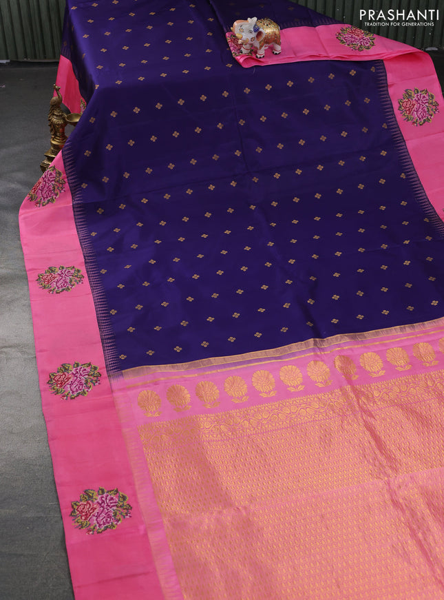 Pure gadwal silk saree blue and pink with zari woven buttas and embroided butta border
