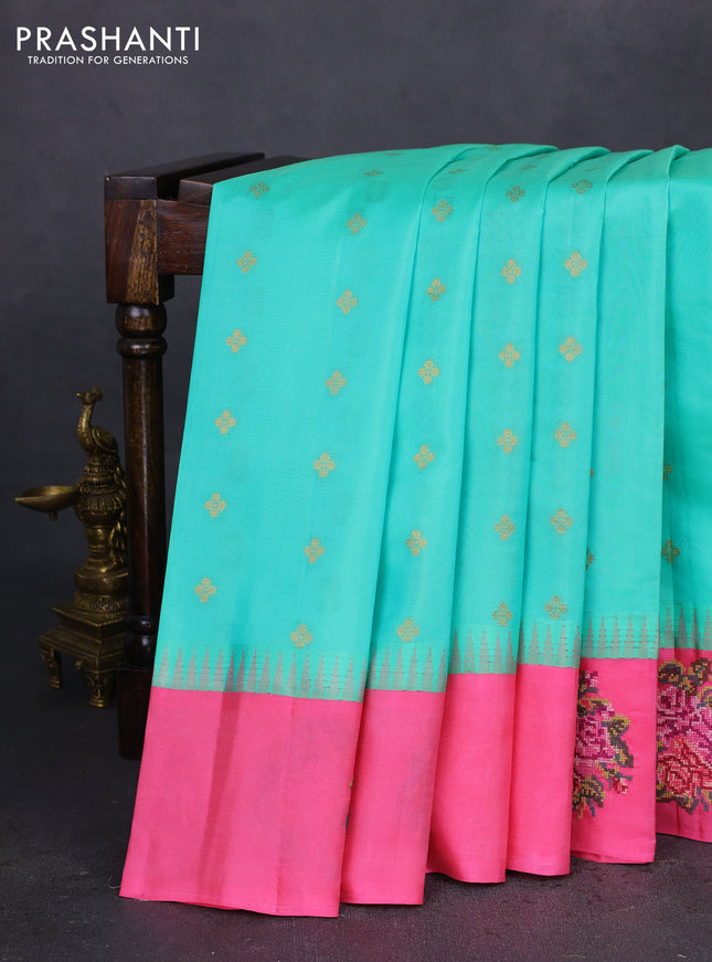 Pure gadwal silk saree teal green and pink with zari woven buttas and embroided butta border