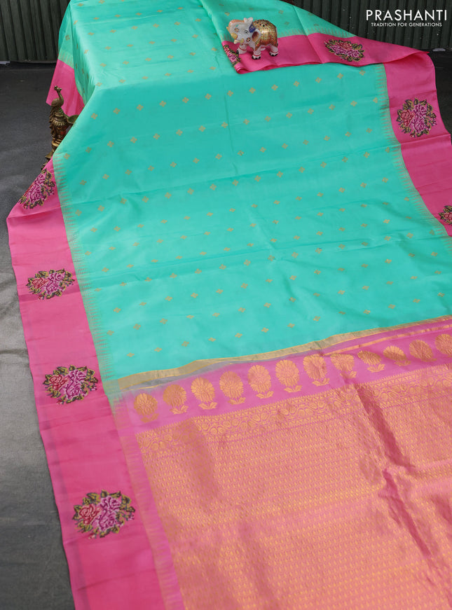 Pure gadwal silk saree teal green and pink with zari woven buttas and embroided butta border