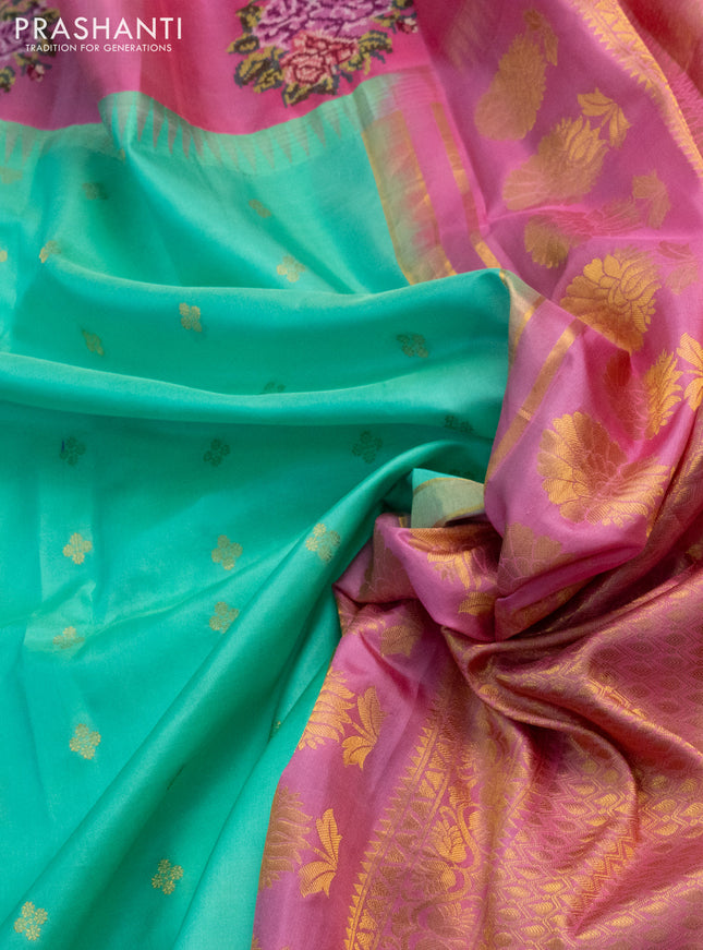 Pure gadwal silk saree teal green and pink with zari woven buttas and embroided butta border