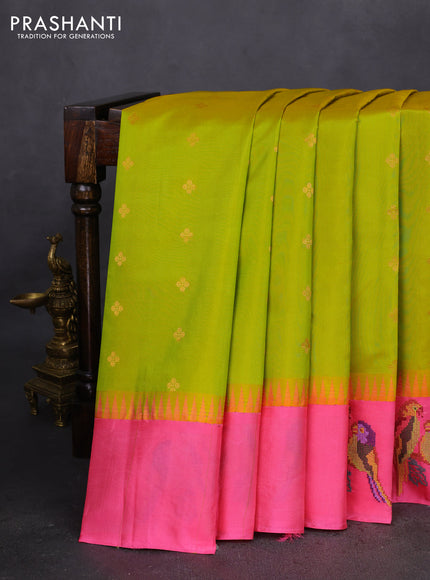 Pure gadwal silk saree lime green and pink with zari woven buttas and embroided butta border