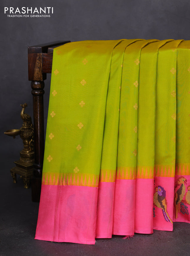 Pure gadwal silk saree lime green and pink with zari woven buttas and embroided butta border