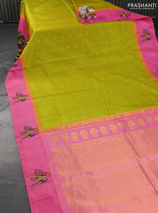Pure gadwal silk saree lime green and pink with zari woven buttas and embroided butta border