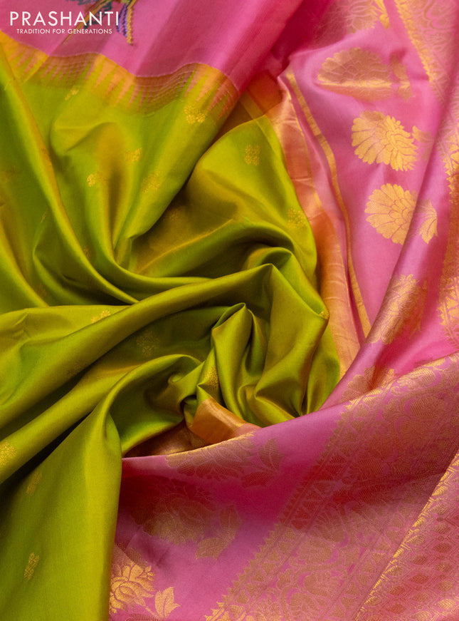 Pure gadwal silk saree lime green and pink with zari woven buttas and embroided butta border