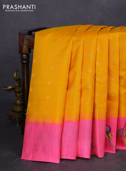 Pure gadwal silk saree yellow and pink with zari woven buttas and embroided butta border