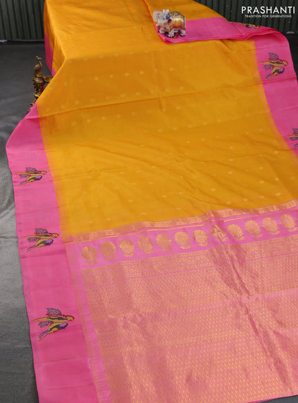Pure gadwal silk saree yellow and pink with zari woven buttas and embroided butta border