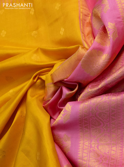 Pure gadwal silk saree yellow and pink with zari woven buttas and embroided butta border