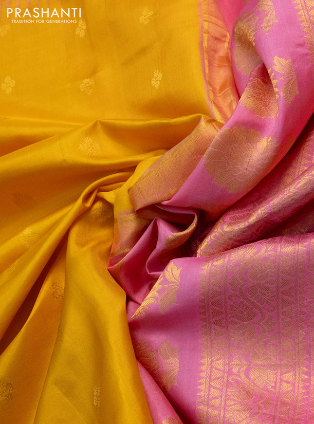 Pure gadwal silk saree yellow and pink with zari woven buttas and embroided butta border