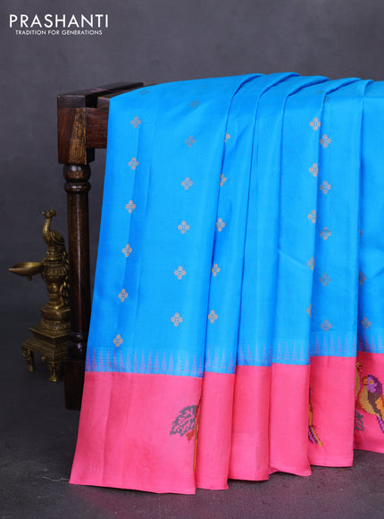 Pure gadwal silk saree cs blue and pink with zari woven buttas and embroided butta border