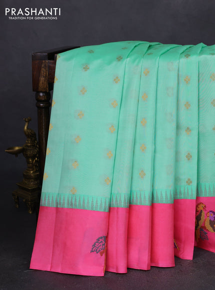 Pure gadwal silk saree teal green and pink with zari woven buttas and embroided butta border