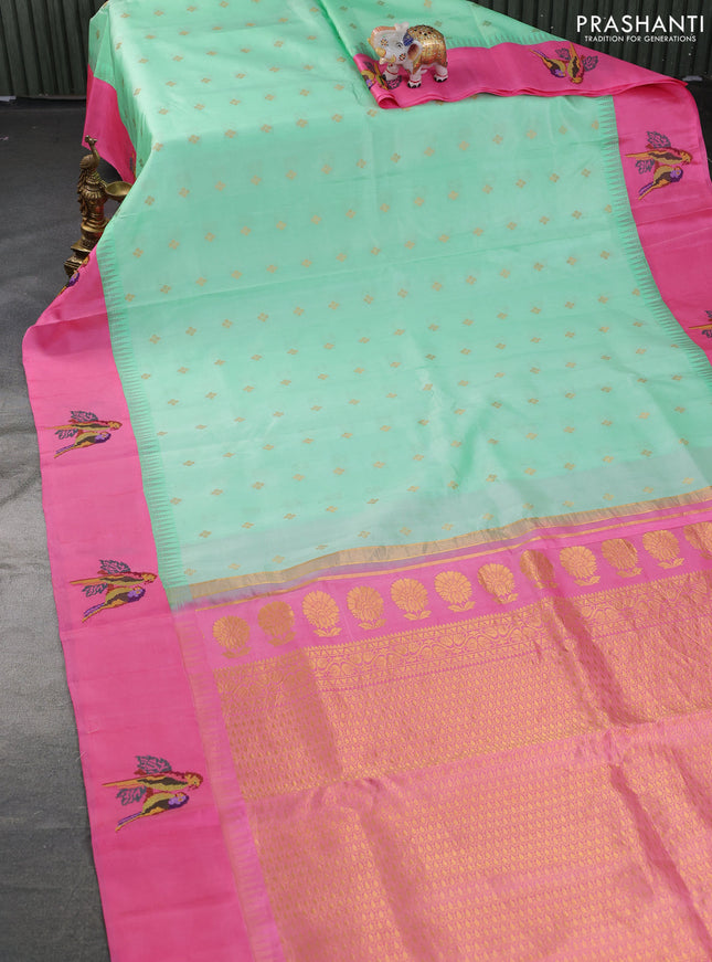 Pure gadwal silk saree teal green and pink with zari woven buttas and embroided butta border