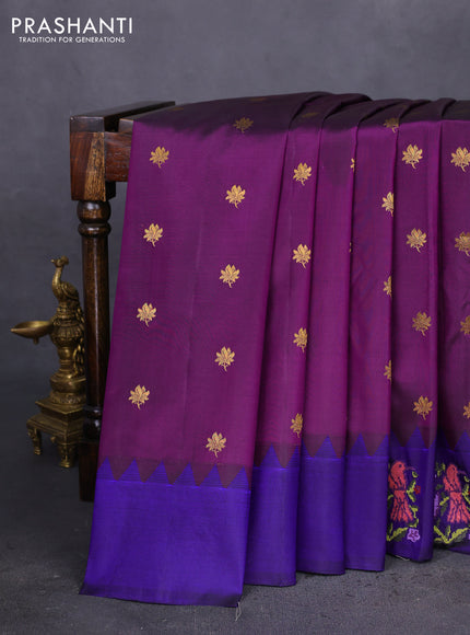 Pure gadwal silk saree deep purple and blue with zari woven buttas and embroided butta border