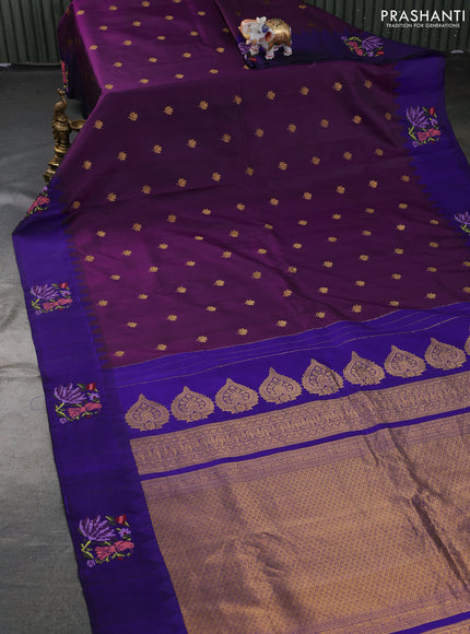 Pure gadwal silk saree deep purple and blue with zari woven buttas and embroided butta border