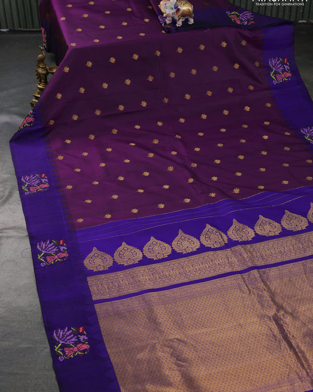 Pure gadwal silk saree deep purple and blue with zari woven buttas and embroided butta border