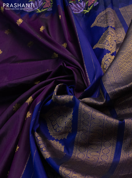 Pure gadwal silk saree deep purple and blue with zari woven buttas and embroided butta border