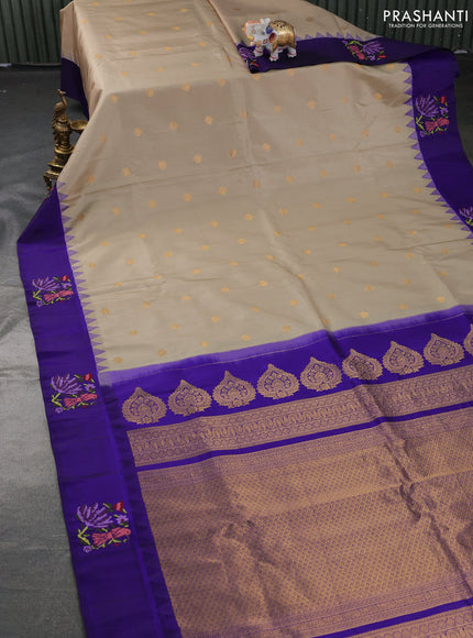 Pure gadwal silk saree beige and blue with zari woven buttas and embroided butta border