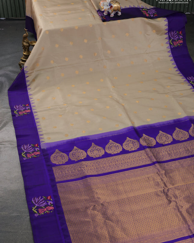 Pure gadwal silk saree beige and blue with zari woven buttas and embroided butta border