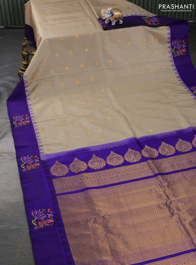 Pure gadwal silk saree beige and blue with zari woven buttas and embroided butta border