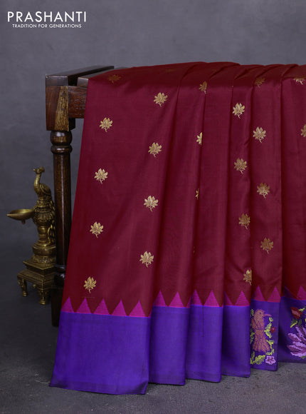 Pure gadwal silk saree maroon and blue with zari woven buttas and embroided butta border