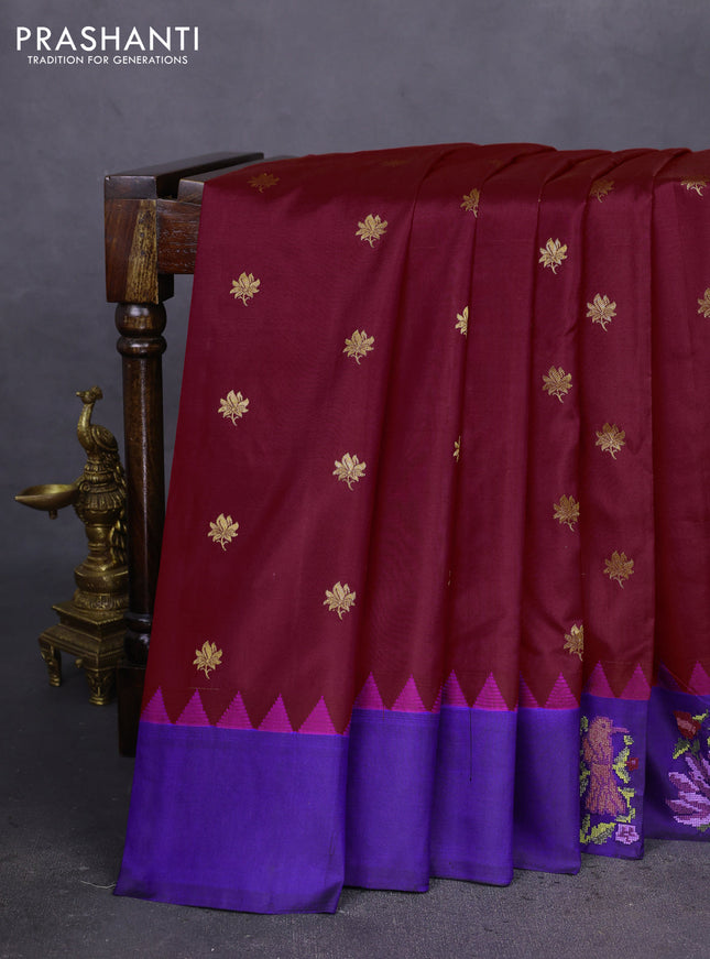 Pure gadwal silk saree maroon and blue with zari woven buttas and embroided butta border