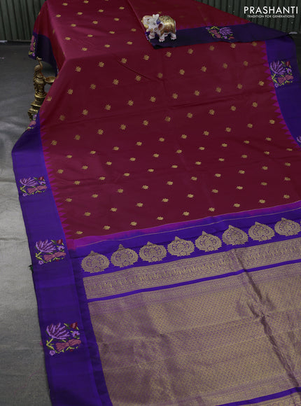 Pure gadwal silk saree maroon and blue with zari woven buttas and embroided butta border