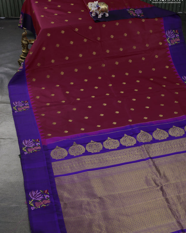 Pure gadwal silk saree maroon and blue with zari woven buttas and embroided butta border