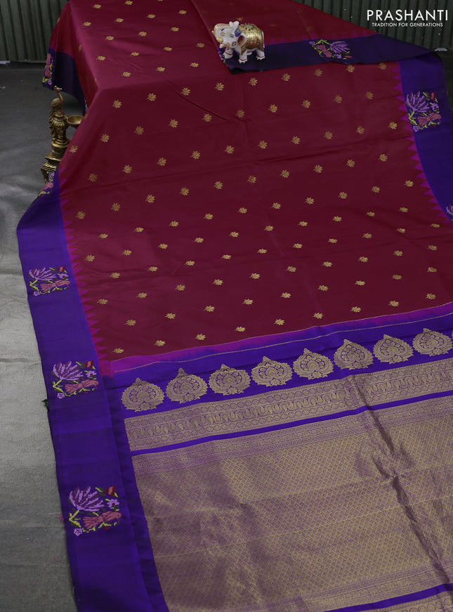 Pure gadwal silk saree maroon and blue with zari woven buttas and embroided butta border