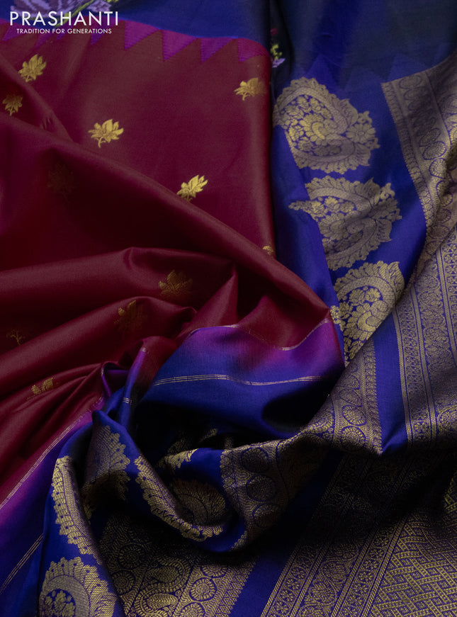 Pure gadwal silk saree maroon and blue with zari woven buttas and embroided butta border