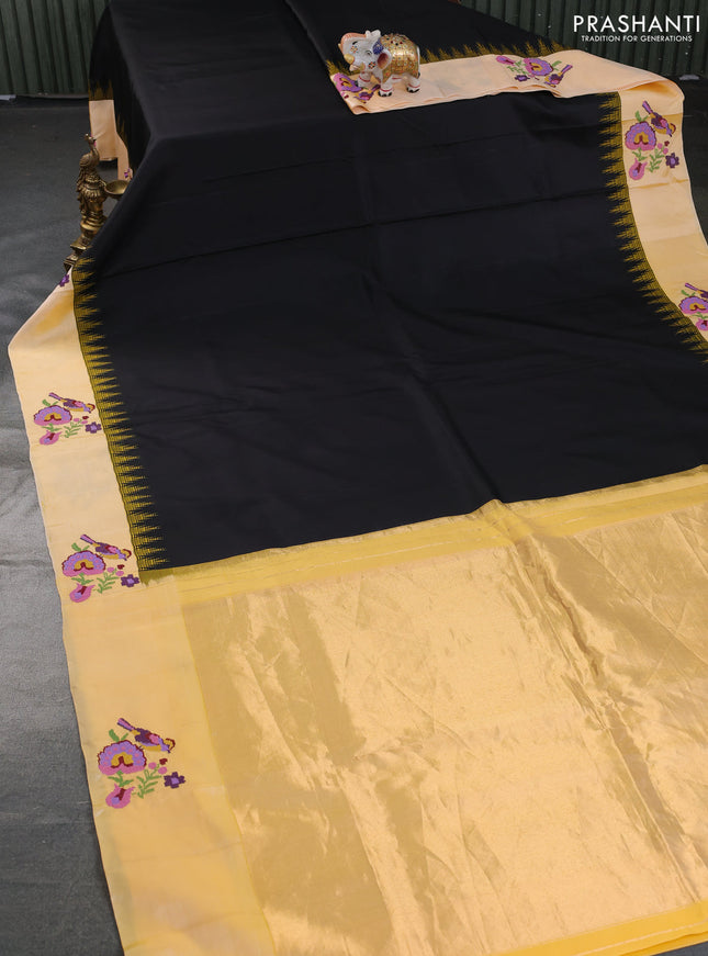 Pure gadwal silk saree black and yellow with plain body and embroided butta border