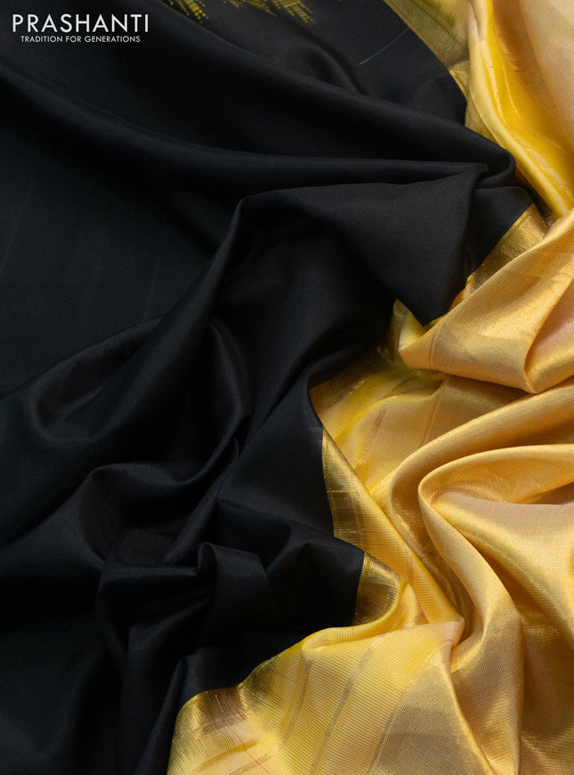 Pure gadwal silk saree black and yellow with plain body and embroided butta border