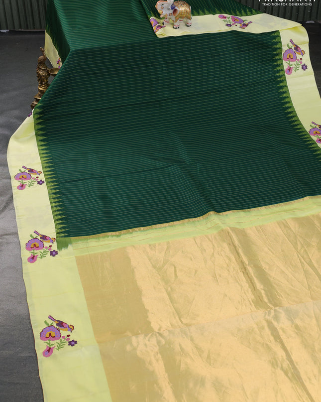 Pure gadwal silk saree green and lime yellow with allover stripes pattern and embroided butta border