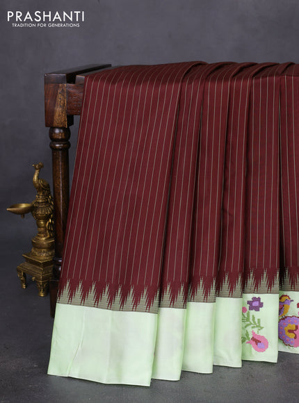 Pure gadwal silk saree deep maroon and pista green with allover stripes pattern and embroided butta border