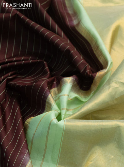 Pure gadwal silk saree deep maroon and pista green with allover stripes pattern and embroided butta border