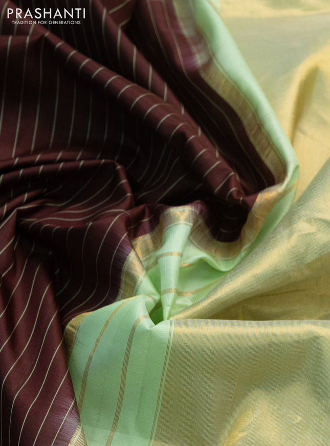 Pure gadwal silk saree deep maroon and pista green with allover stripes pattern and embroided butta border