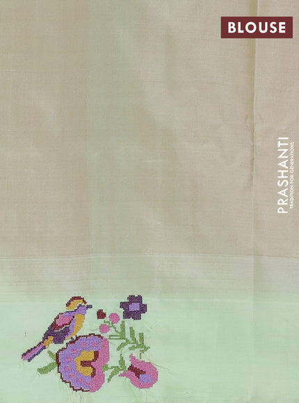 Pure gadwal silk saree orange and pista green with allover stripes pattern and embroided butta border