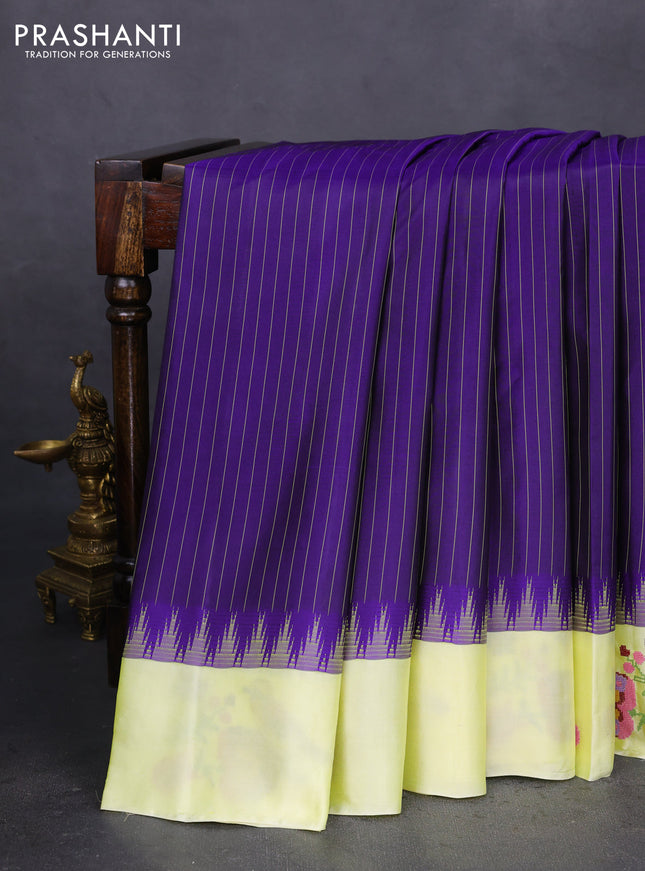 Pure gadwal silk saree blue and lime yellow with allover stripes pattern and embroided butta border