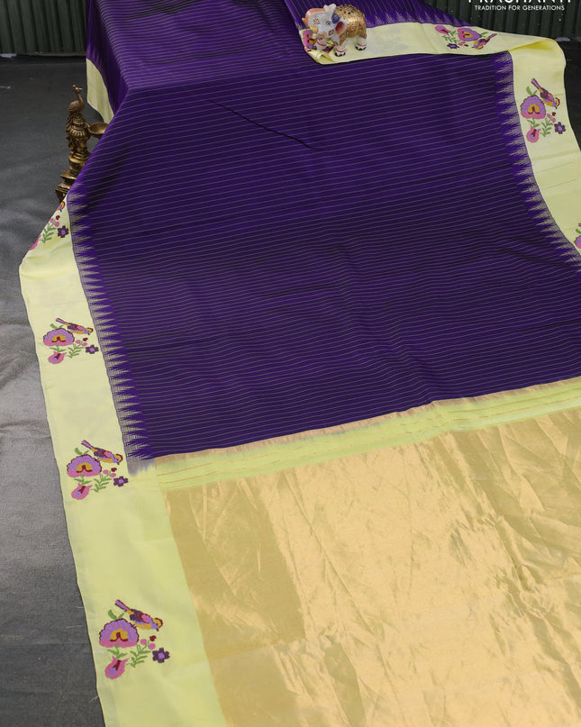 Pure gadwal silk saree blue and lime yellow with allover stripes pattern and embroided butta border