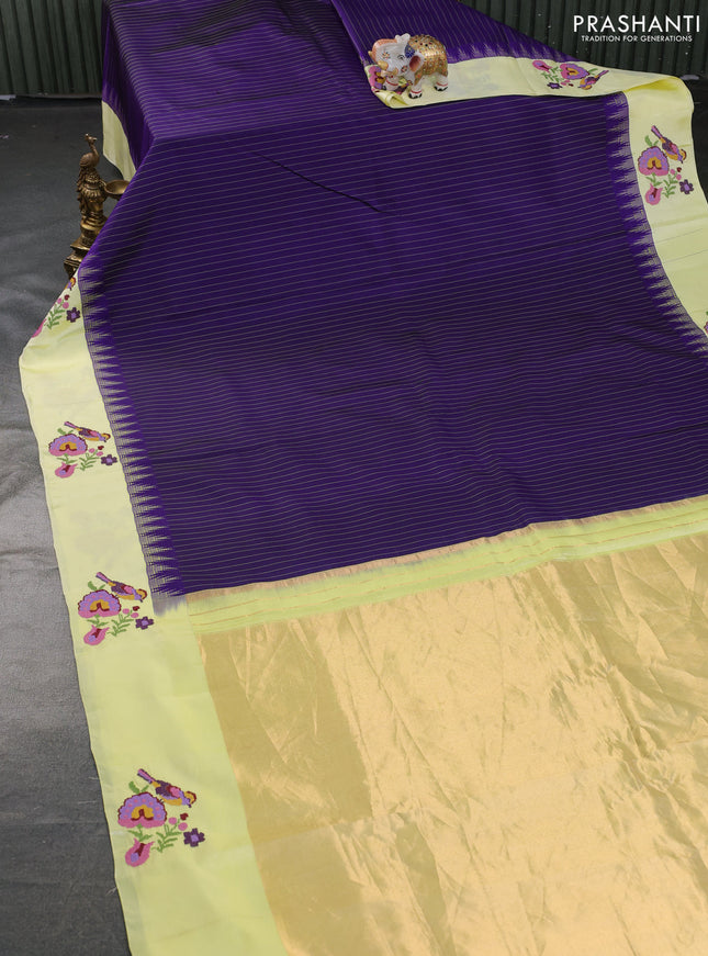 Pure gadwal silk saree blue and lime yellow with allover stripes pattern and embroided butta border