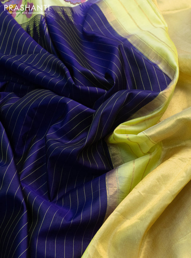 Pure gadwal silk saree blue and lime yellow with allover stripes pattern and embroided butta border