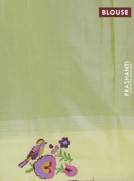 Pure gadwal silk saree blue and lime yellow with allover stripes pattern and embroided butta border