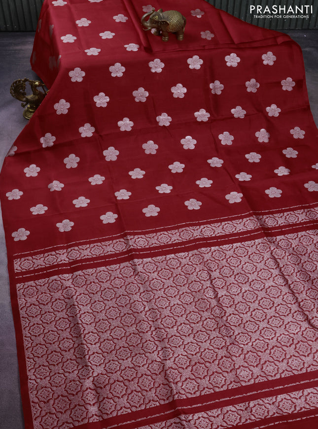 Venkatagiri silk saree red with silver zari woven floral buttas in borderless style