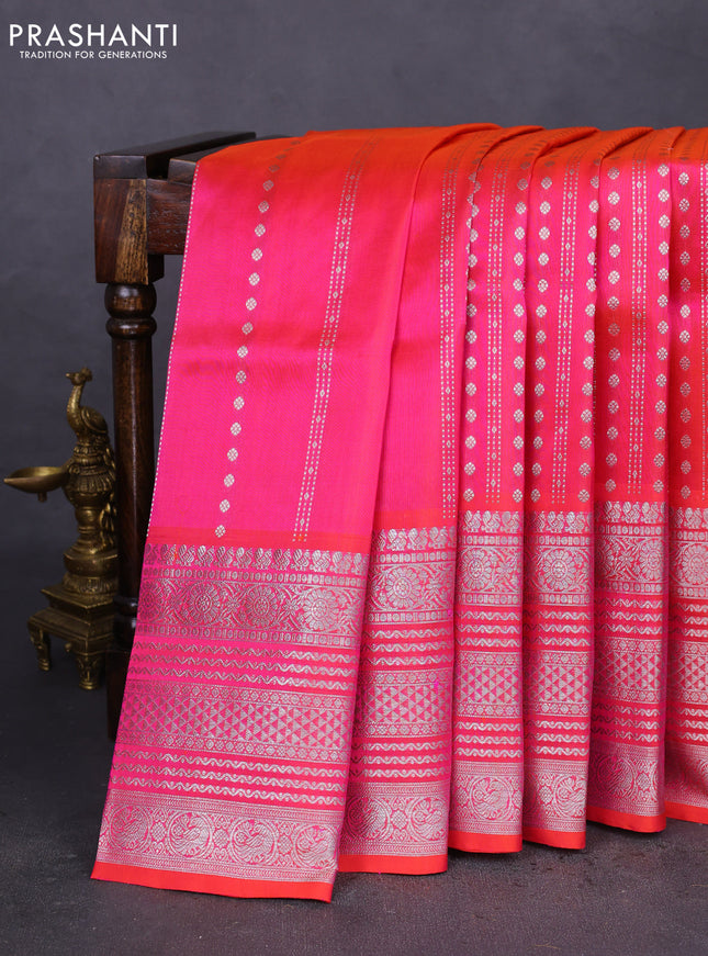 Venkatagiri silk saree dual shade of pinkish orange with allover silver zari weaves and silver zari woven border