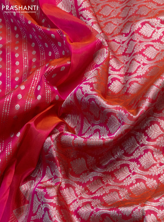Venkatagiri silk saree dual shade of pinkish orange with allover silver zari weaves and silver zari woven border