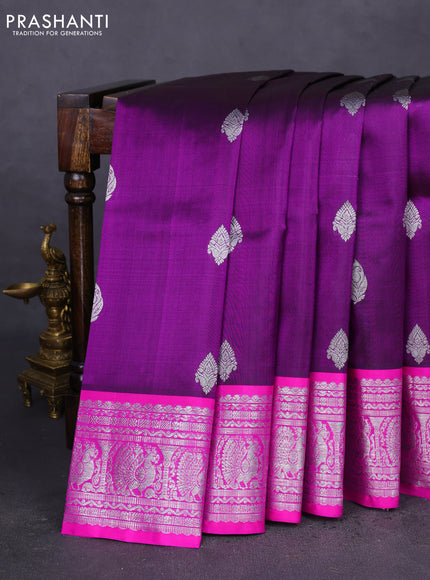 Venkatagiri silk saree deep purple and pink with silver zari woven buttas and silver zari woven border