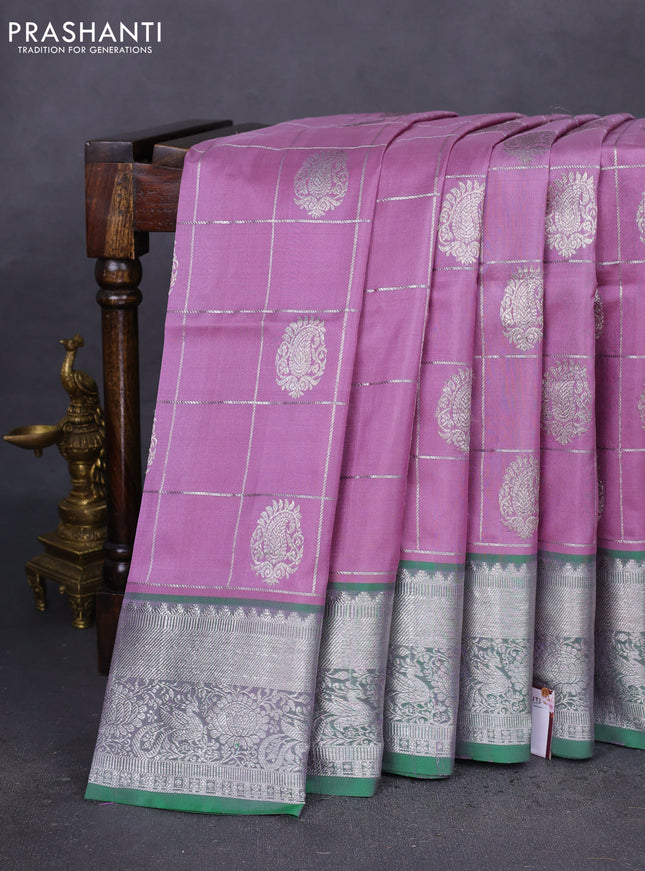 Venkatagiri silk saree pastel lavender and green with silver zari checks & buttas and silver zari woven border